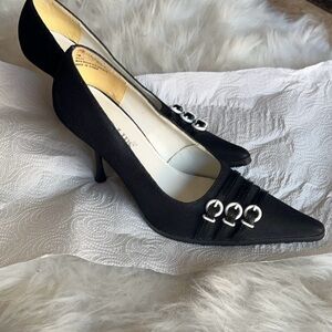 Two Lips | Women’s Black White Buckled Stiletto Heeled Pumps Shoes 7